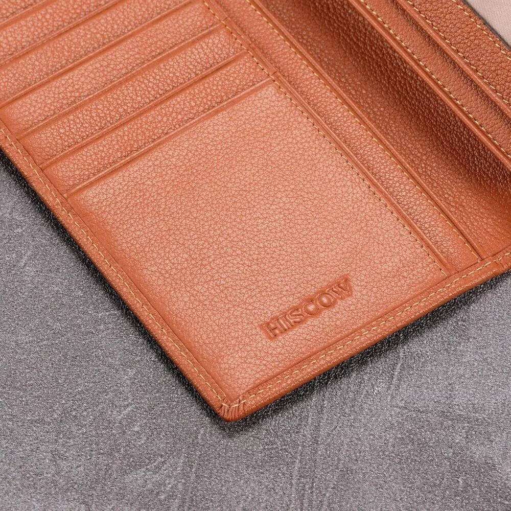 Men's Dark Tan Full Grain Leather Long Bifold Wallet Credit Card Slots Style